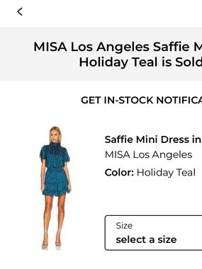 Misa Los Angeles Saffie Mini Dress. Teal with gold accents and tie neck